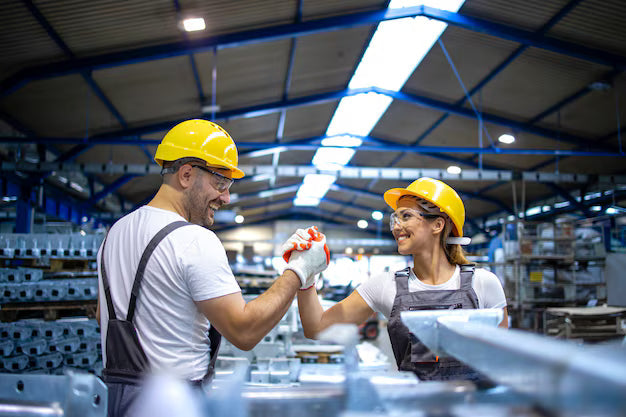 Dois trabalhadores de fábrica, um homem e uma mulher, sorriem e fazem um cumprimento de mãos em um gesto de parceria. Ambos vestem equipamentos de segurança, como capacetes amarelos, óculos de proteção e macacões cinza, em um ambiente industrial.